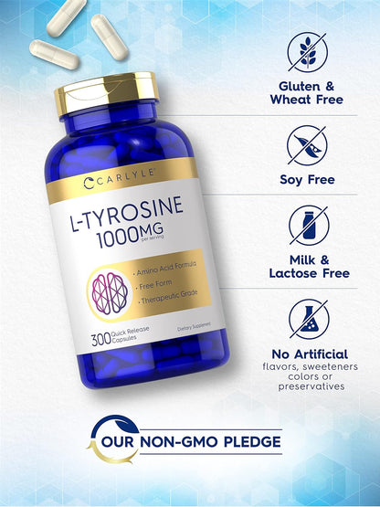 Carlyle L-Tyrosine Capsules 1000mg, 300 Count, High Strength, Non-GMO & Gluten-free