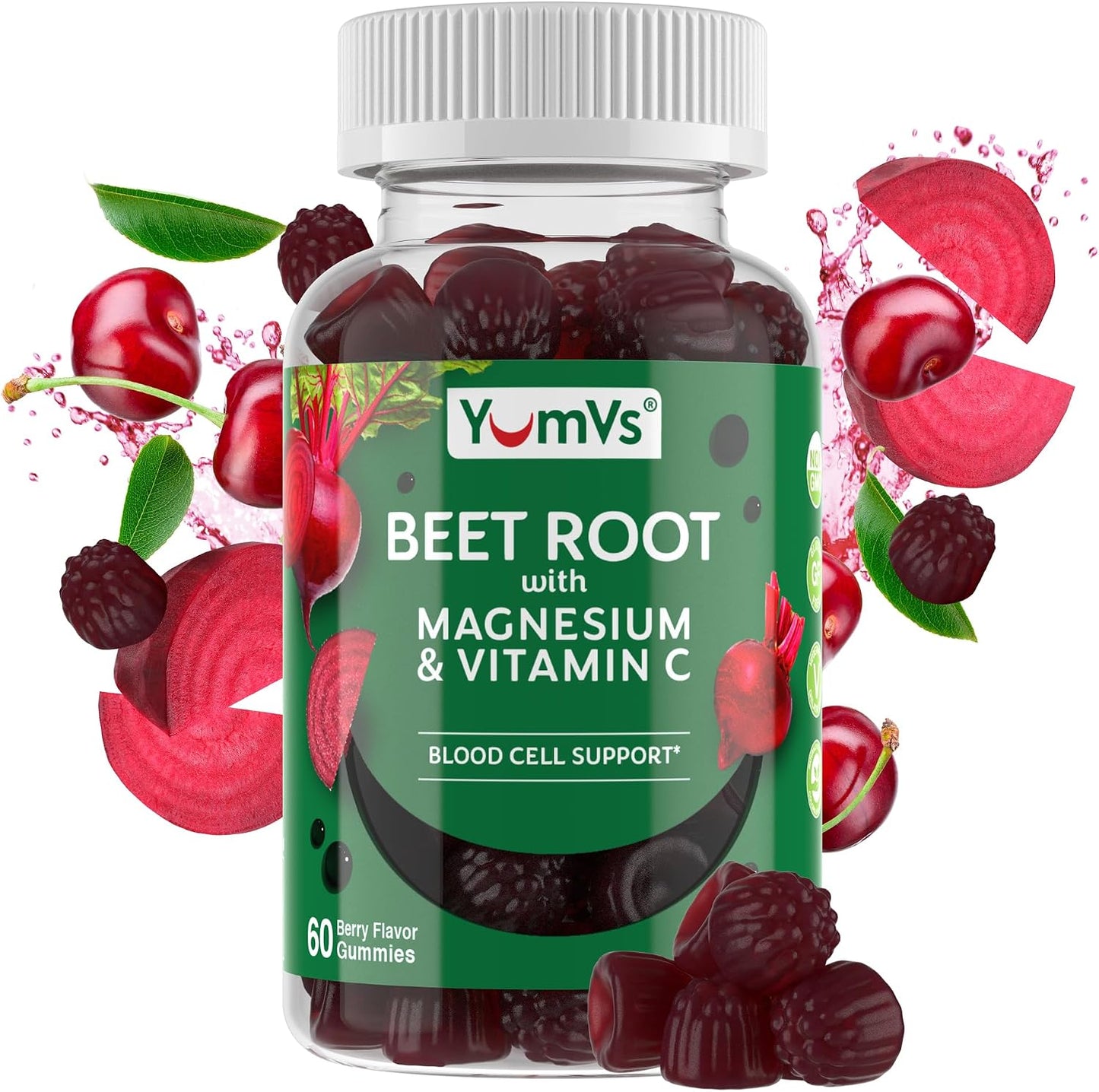 YumVs Beet Root Gummies with Magnesium & Vitamin C – Berry Flavour – Nitric Oxide Support for Heart Health & Antioxidant Wellness – Vegan, Non-GMO – 60 Gummies - görsel 1