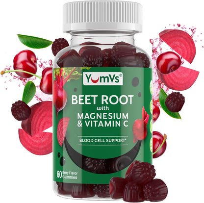 YumVs Beet Root Gummies with Magnesium & Vitamin C – Berry Flavour – Nitric Oxide Support for Heart Health & Antioxidant Wellness – Vegan, Non-GMO – 60 Gummies