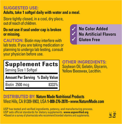 Nature Made Biotin 2500 mcg Extra Strength – Biotin Supplements for Healthy Hair, Skin and Nails (150 Softgels)