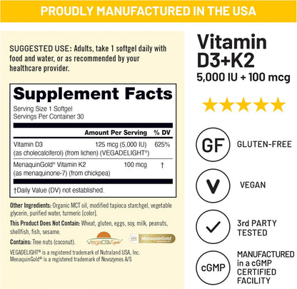 NatureWise Vegan Vitamin D3 + K2 with Organic Coconut MCT Oil – 5000 IU D3 + 100 mcg K2 – 30 Soft gel capsules