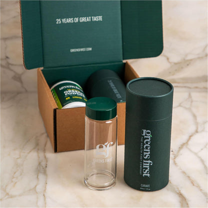 Greens First 25th Anniversary Gift Set – Organic Mint Greens Powder & Borosilicate Glass Carafe (30 Servings)