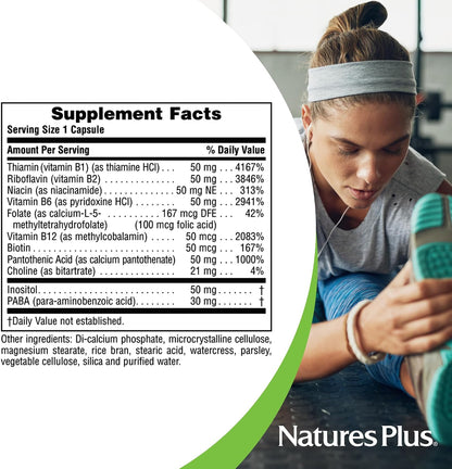 NaturesPlus Super B-50 – High-Potency B Complex with Choline, Inositol & PABA – 90 Capsules