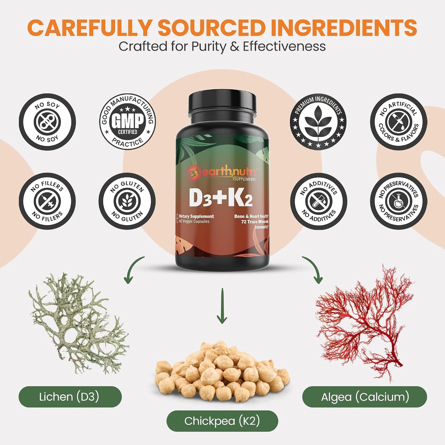 EarthNutri Vitamin D3 Plus K2 Supplement - 5000 IU with MenaQ7 K2, Vitashine D3 & Aquamin Calcium - Non-GMO - görsel 4