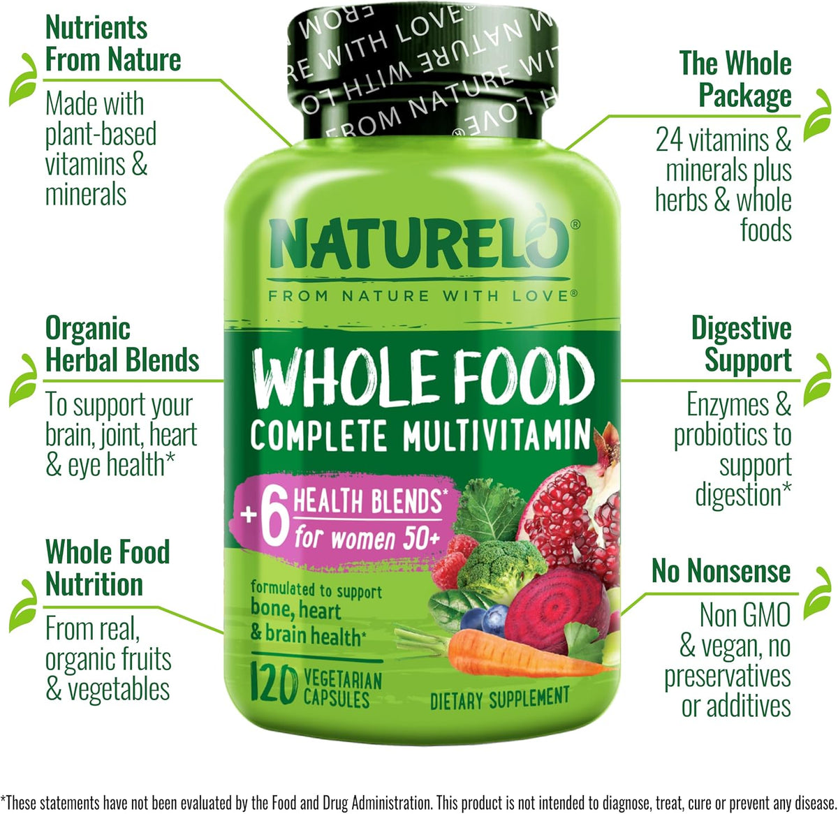 NATURELO Whole Food Multivitamin for Women Over 50 (Iron Free) - 120 Vegan Capsules - görsel 2
