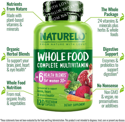 NATURELO Whole Food Multivitamin for Women Over 50 (Iron Free) - 120 Vegan Capsules