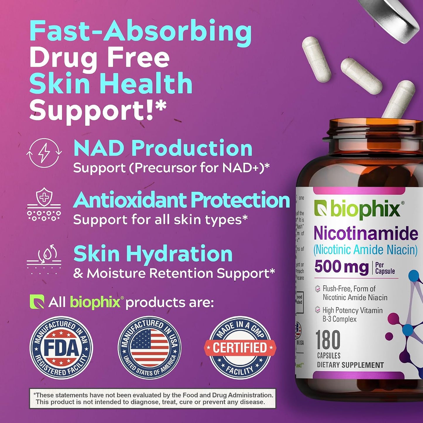 Biophix B-3 Nicotinamide 500 mg – 180 Capsules – Flush-Free Niacin Supplement - görsel 5
