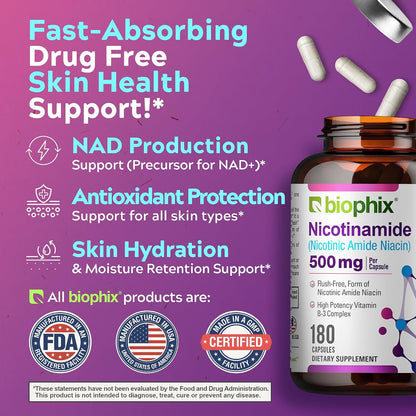 Biophix B-3 Nicotinamide 500 mg – 180 Capsules – Flush-Free Niacin Supplement