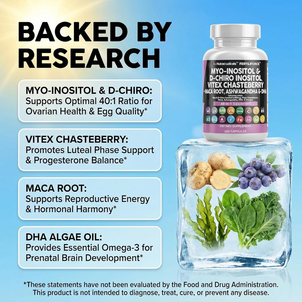 Clean Nutraceuticals Myo-Inositol & D-Chiro Inositol 2050mg Fertility Supplement 40:1 Ratio - Antenatal Vitamins for Women with Ashwagandha Maca Root Vitex Chasteberry Iron DHA Folic Acid DIM Zinc (1) - görsel 3