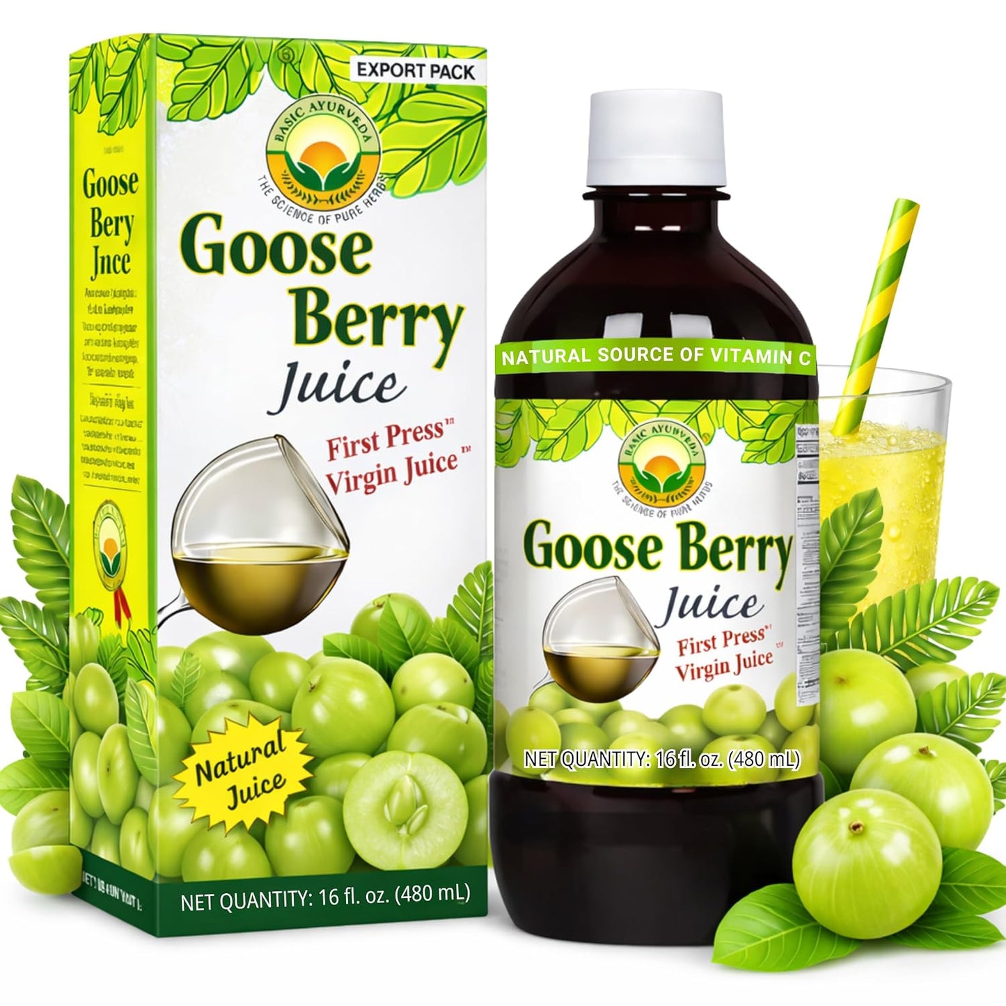 Basic Ayurveda Amla (Gooseberry) Juice | 480ml | Natural Vitamin C for Immune Function, Skin Radiance & Hair Health | Ayurvedic Daily Wellness Tonic | No Added Sugar - görsel 1