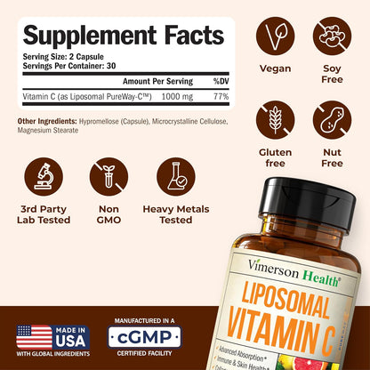 Liposomal Vitamin C 1000mg – Enhanced Absorption Vitamin C Capsules – Immune Support Supplement – High Potency for Antioxidant Support – Gentle on Digestion & Fast Uptake. 60 Capsules