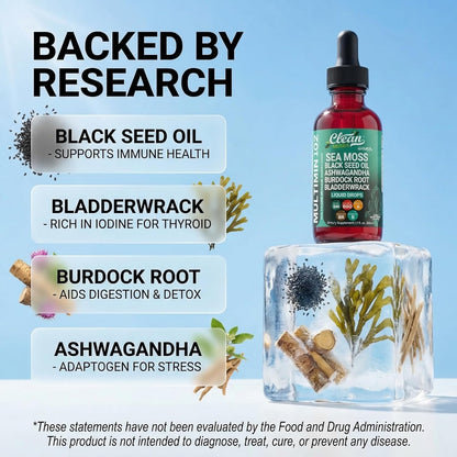 Clean Nutra Organic Sea Moss Drops | with Black Seed Oil, Ashwagandha, Burdock Root & Bladderwrack - Vegan Multimineral Liquid for Gut Health, Energy, Skin, Immune Support & Hair