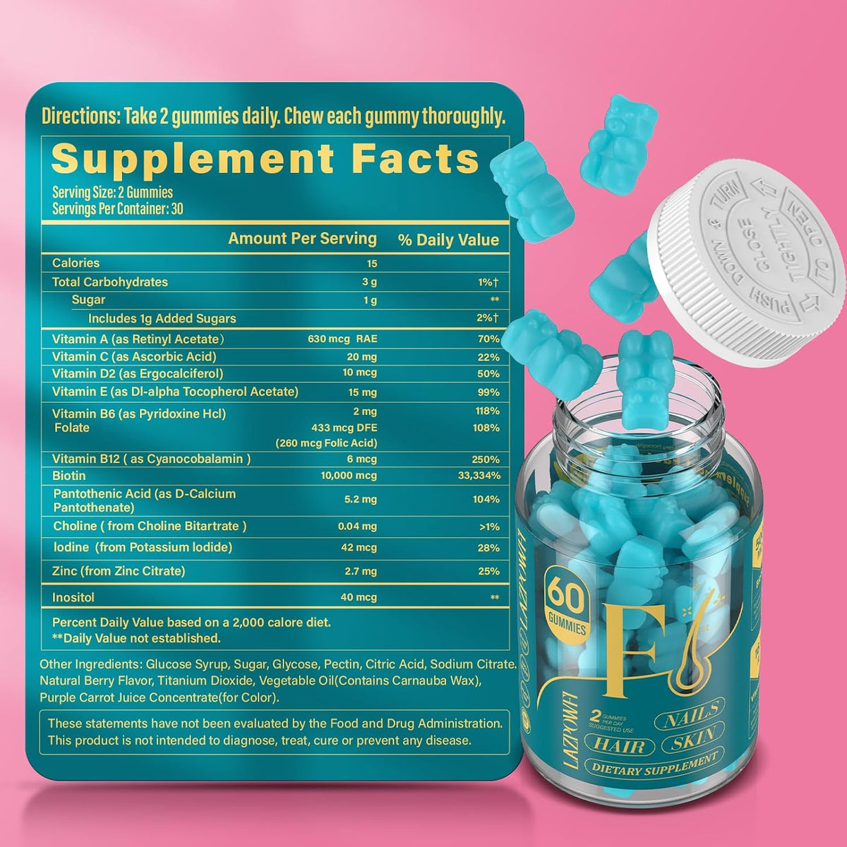 Lazpowfi Biotin Gummies - Hair, Skin and Nails Vitamins, Vegan, Blueberry, 60-Day Supply - görsel 5