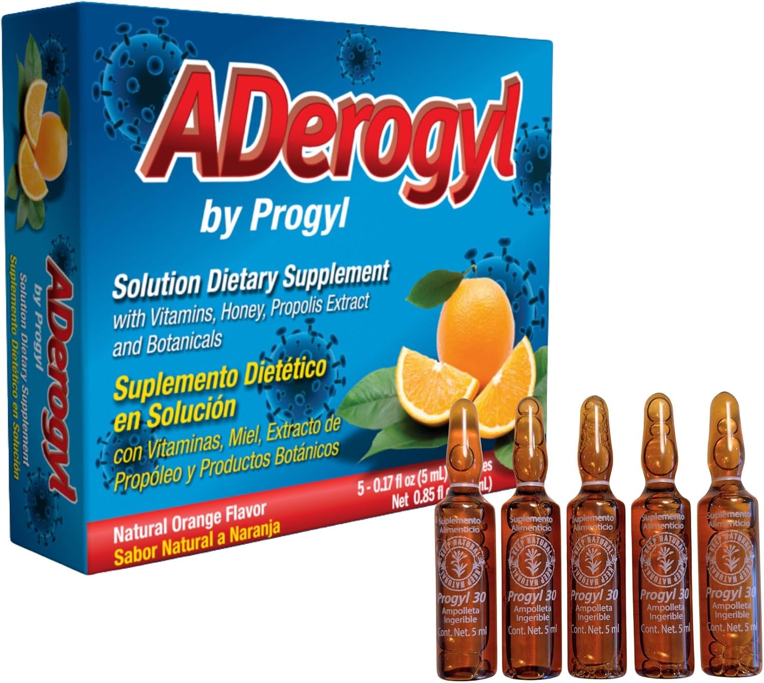 Aderogyl Oral Liquid Vitamins with A, C, D, E, Zinc, Propolis, Honey & Botanical Extracts - Immune Support - 5 Ampoules - görsel 1