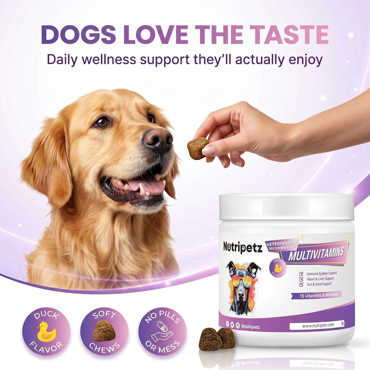 Nutripetz 15 Vitamins & Minerals Pet Supplement - 120 Soft Chews, Duck Flavour - All-in-One with Glucosamine & Probiotics for Dogs & Cats - görsel 7