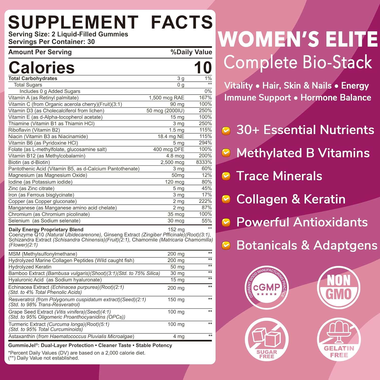 2 Pack - Women's Multivitamin Gummies, Methylated Multivitamin for Women, Biotin, Methylfolate, Iron, Collagen, Vitamins A, C, D, B Complex, Antioxidants for Women's Daily Support, Hair, Skin & Nails, Immune, Sugar Free - görsel 2
