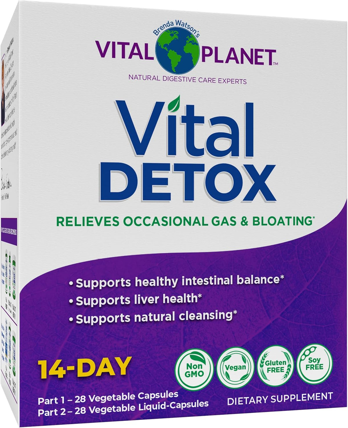 Vital Planet - Vital Detox with Milk Thistle, Quercetin, Alpha Lipoic Acid, Choline, and Herbs, for Occasional Gas and Bloating, Supports Healthy Intestinal Balance, 2-Part 14 Day Kit, 56 Capsules - görsel 1