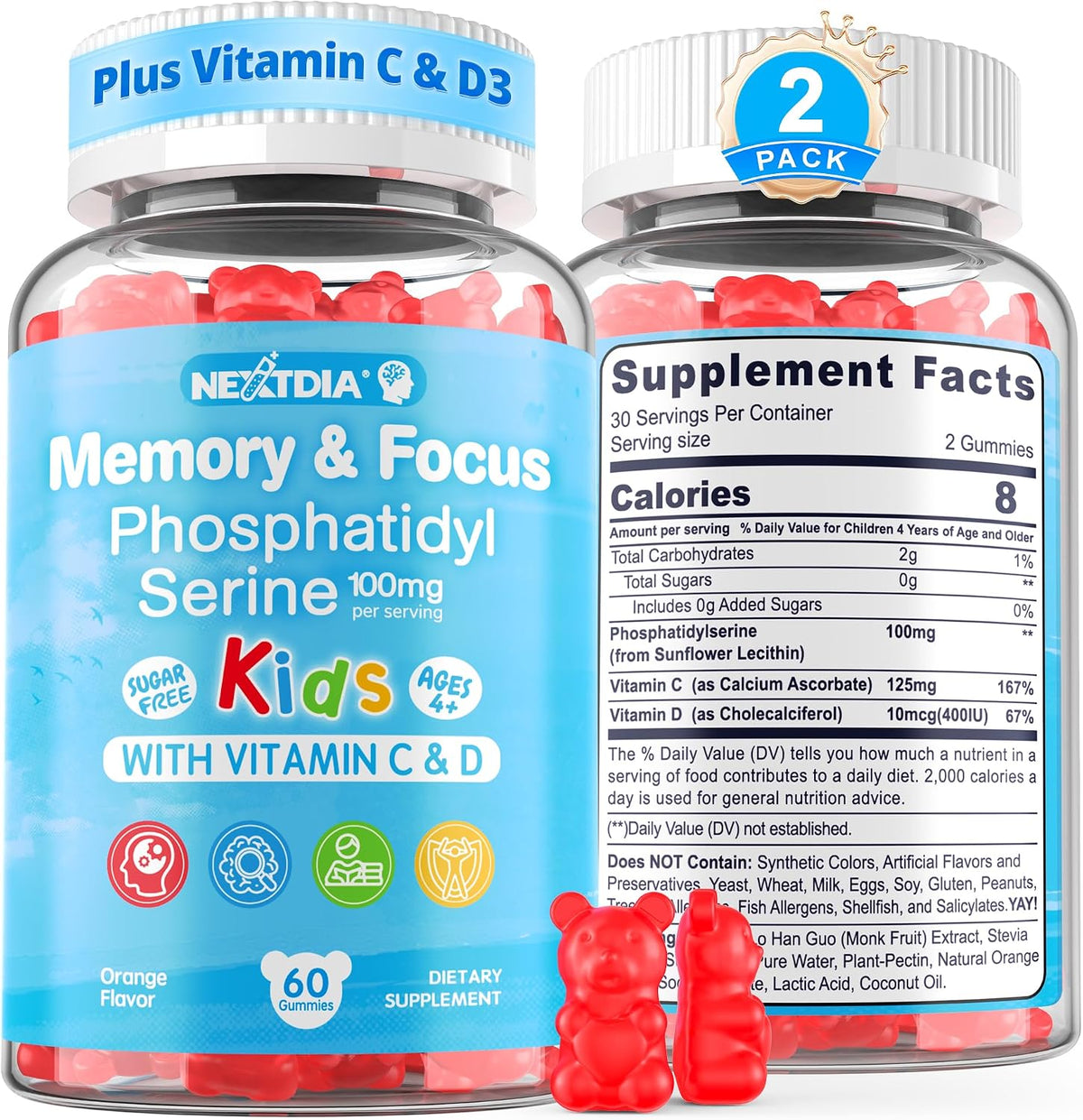 Phosphatidylserine 100mg Focus Gummies for Kids & Teens – Sugar Free, Vegan, with Vitamin C & D3 400IU – 2 Pack - görsel 1