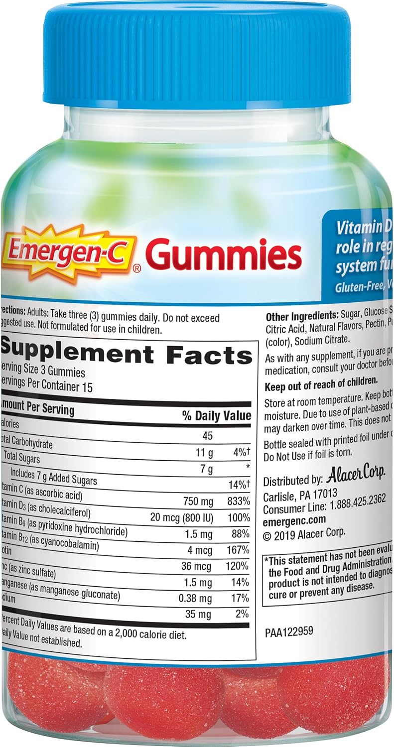 Emergen-C Immune+ Triple Action Immune Support Gummies, BetaVia, 1000mg Vitamin C, B Vitamins, Vitamin D, Zinc, Raspberry – 45 Count - görsel 6