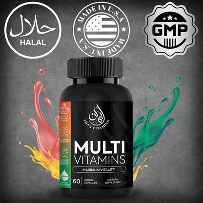 Halal Complete Multivitamin Capsules for Adults Men & Women | 42 Fruit & Vegetable Blend with Iron, Zinc, CoQ10, Folic Acid, and Vitamin A, B1, B3, B6, B12, C, D3, E | 60 Capsules