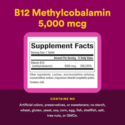 Natural Factors Vitamin B12 Methylcobalamin 5000 mcg Chewable Tablets, 60 Chewable Tablets