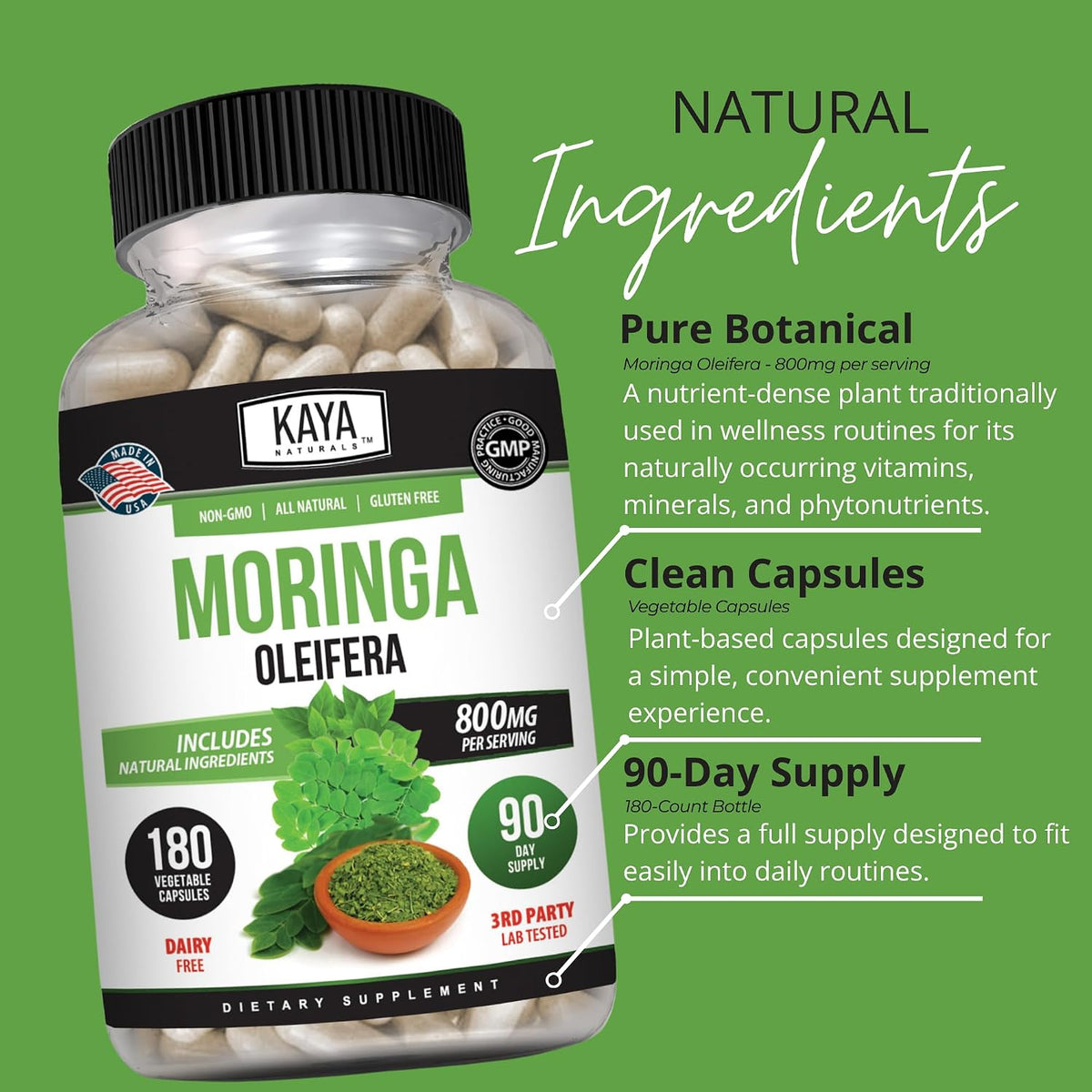 Kaya Naturals Moringa Leaf Extract - Complete Greens Superfood Supplement - Pure Miracle Tree Moringa - Boost Energy Naturally - Nutrient Dense Vitamins for Adult - 180 Veggie Count - görsel 5