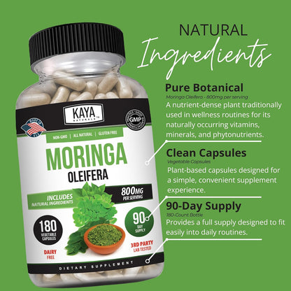 Kaya Naturals Moringa Leaf Extract - Complete Greens Superfood Supplement - Pure Miracle Tree Moringa - Boost Energy Naturally - Nutrient Dense Vitamins for Adult - 180 Veggie Count