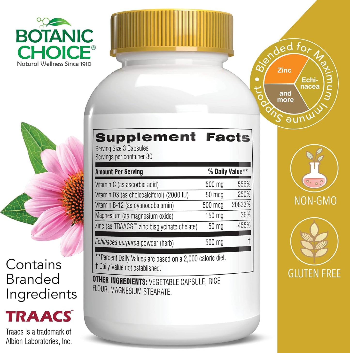 Botanic Choice Daily Immune Support - with Vitamin C, Zinc, and Echinacea for Adults - 90 Capsules - görsel 2