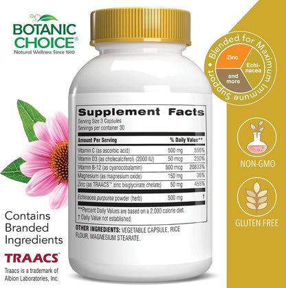 Botanic Choice Daily Immune Support - with Vitamin C, Zinc, and Echinacea for Adults - 90 Capsules