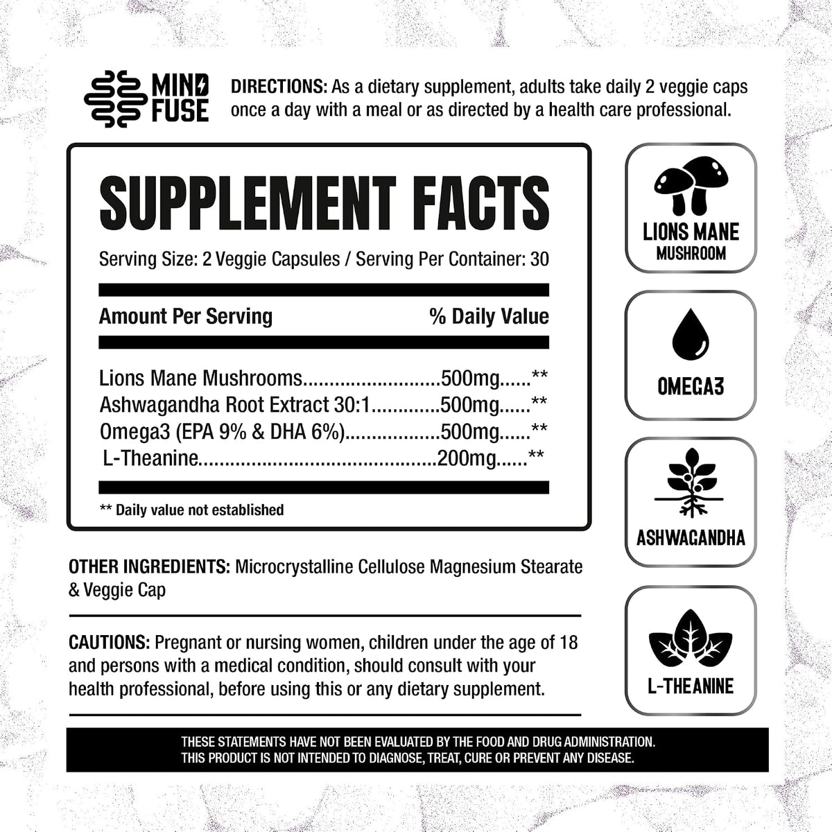 Nootropic Memory Booster Supplement for Adults - Lion's Mane Capsules with Omega-3, Ashwagandha and L-Theanine for Focus and Memory - Gluten-Free 60 Capsules - görsel 5