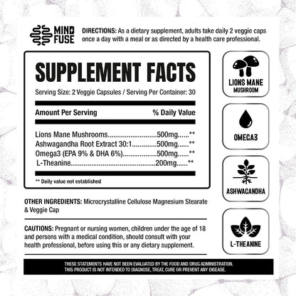 Nootropic Memory Booster Supplement for Adults - Lion's Mane Capsules with Omega-3, Ashwagandha and L-Theanine for Focus and Memory - Gluten-Free 60 Capsules