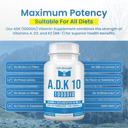 LifeStrength ADK 10 - Vitamin A, D3 (10,000 IU) & K2 (MK-7) Supplement - 90 Capsules