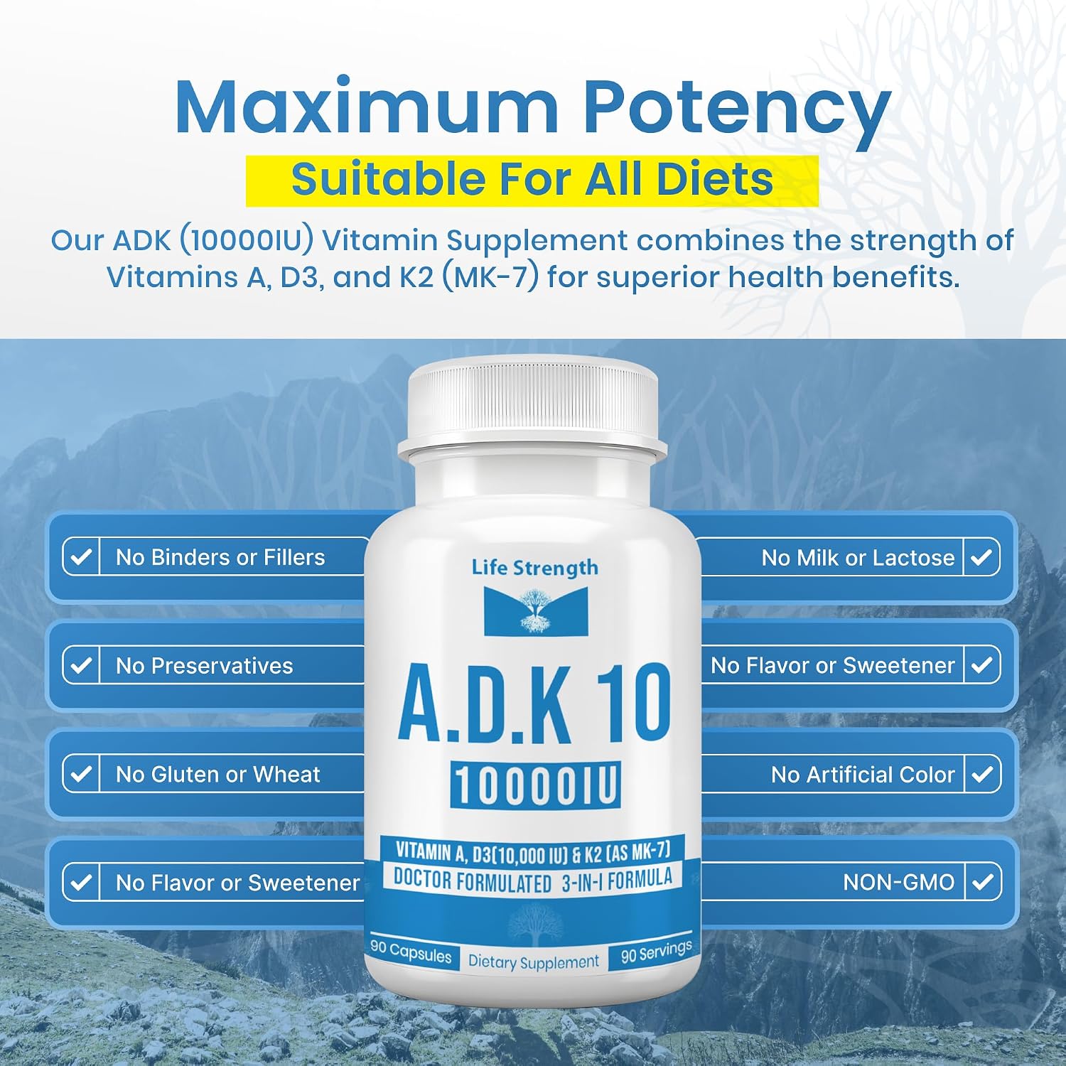 LifeStrength ADK 10 Supplement (180 Capsules) - Physician Formulated Vitamins A1, D3 & K2 (as MK7) for Bone Health - Immune System Support - Gluten-free, Soya Free, Non-GMO - görsel 4