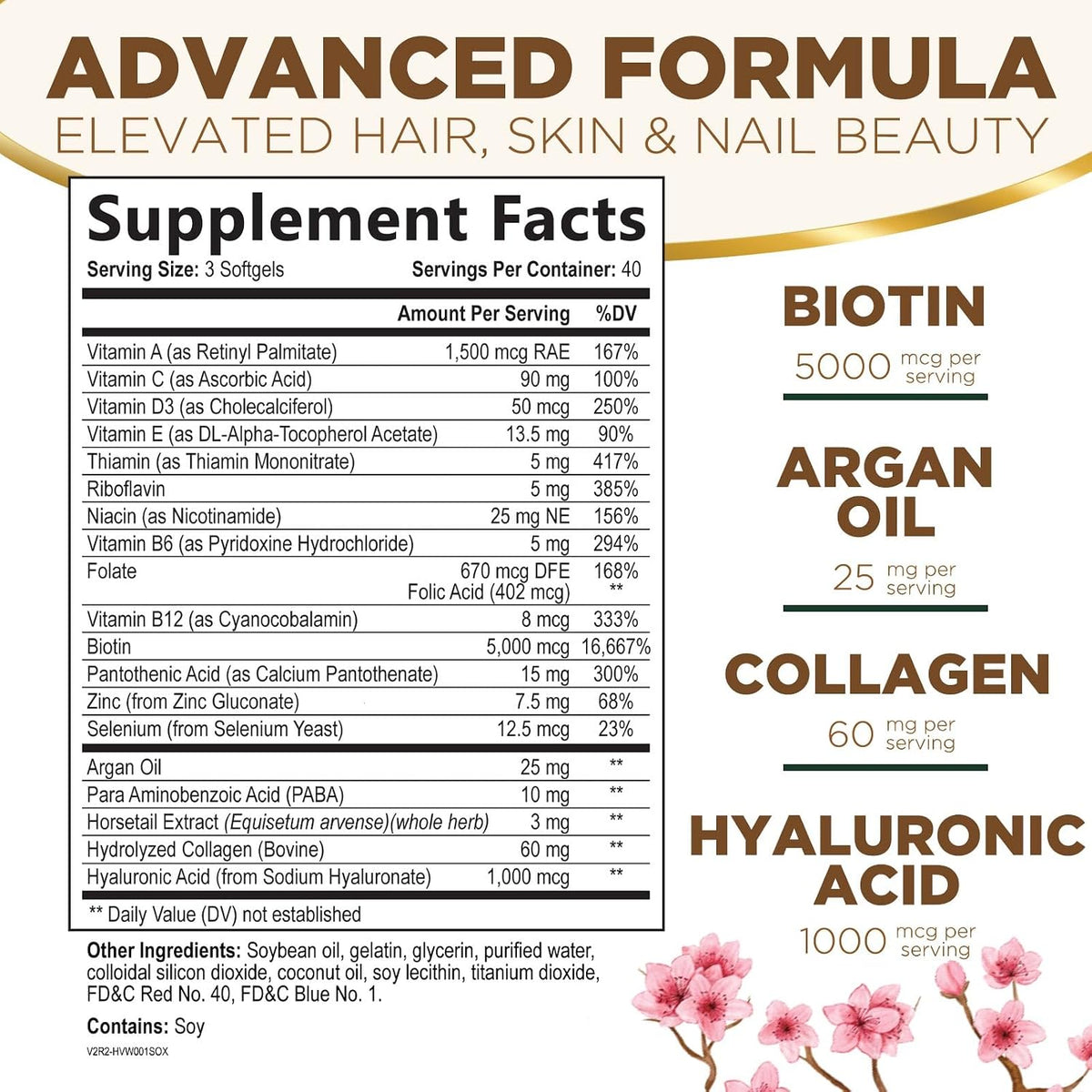 Hair, Skin and Nails Vitamins - Biotin 5000mcg with Collagen, Argan Oil and Hyaluronic Acid - 120 Softgels - görsel 2