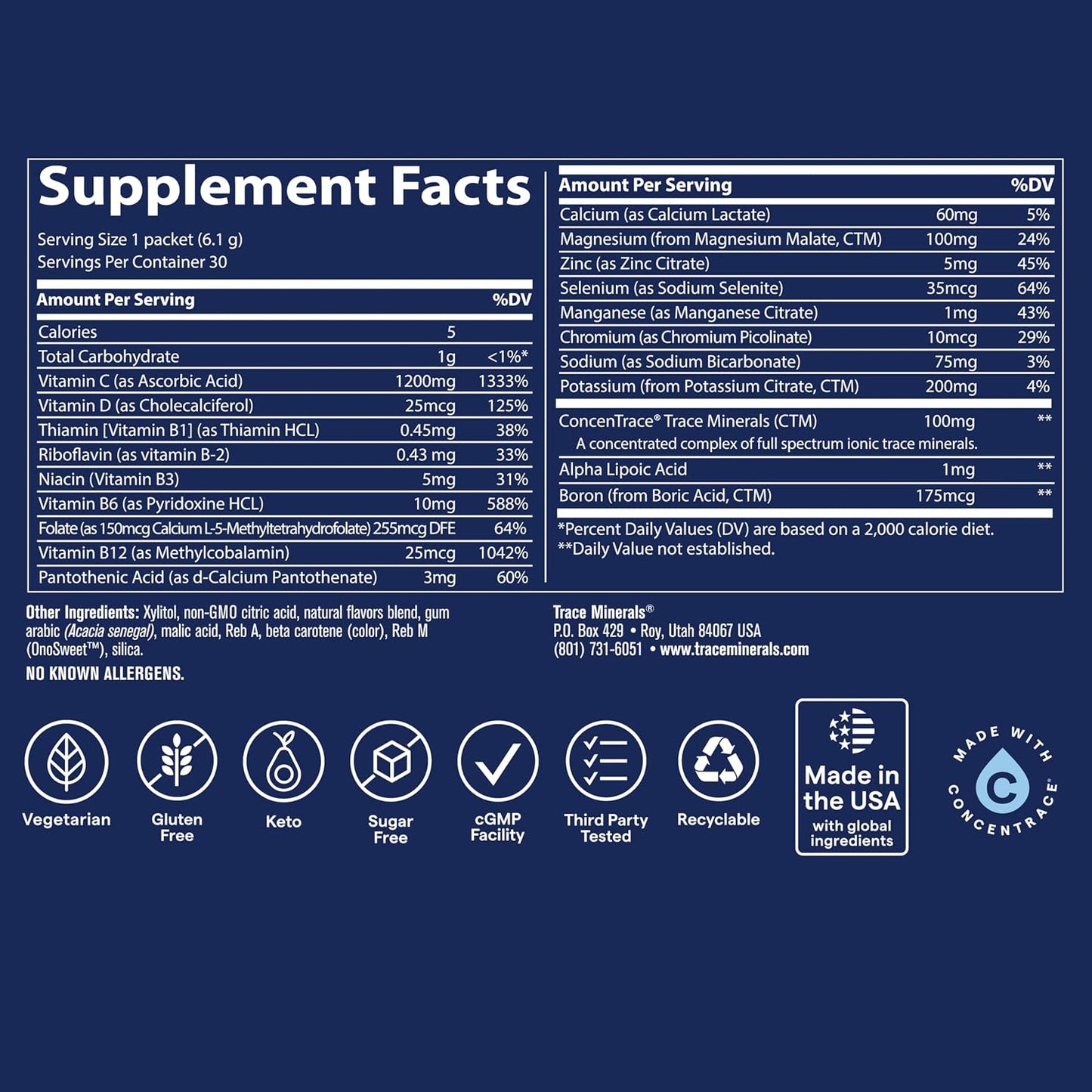 Trace Minerals Power Pak Multivitamin and Multimineral Packets - Electrolyte Support - 1200 mg Vitamin C plus 70+ Trace Minerals - Sugar Free - Orange Mango - 30 Packets - görsel 3
