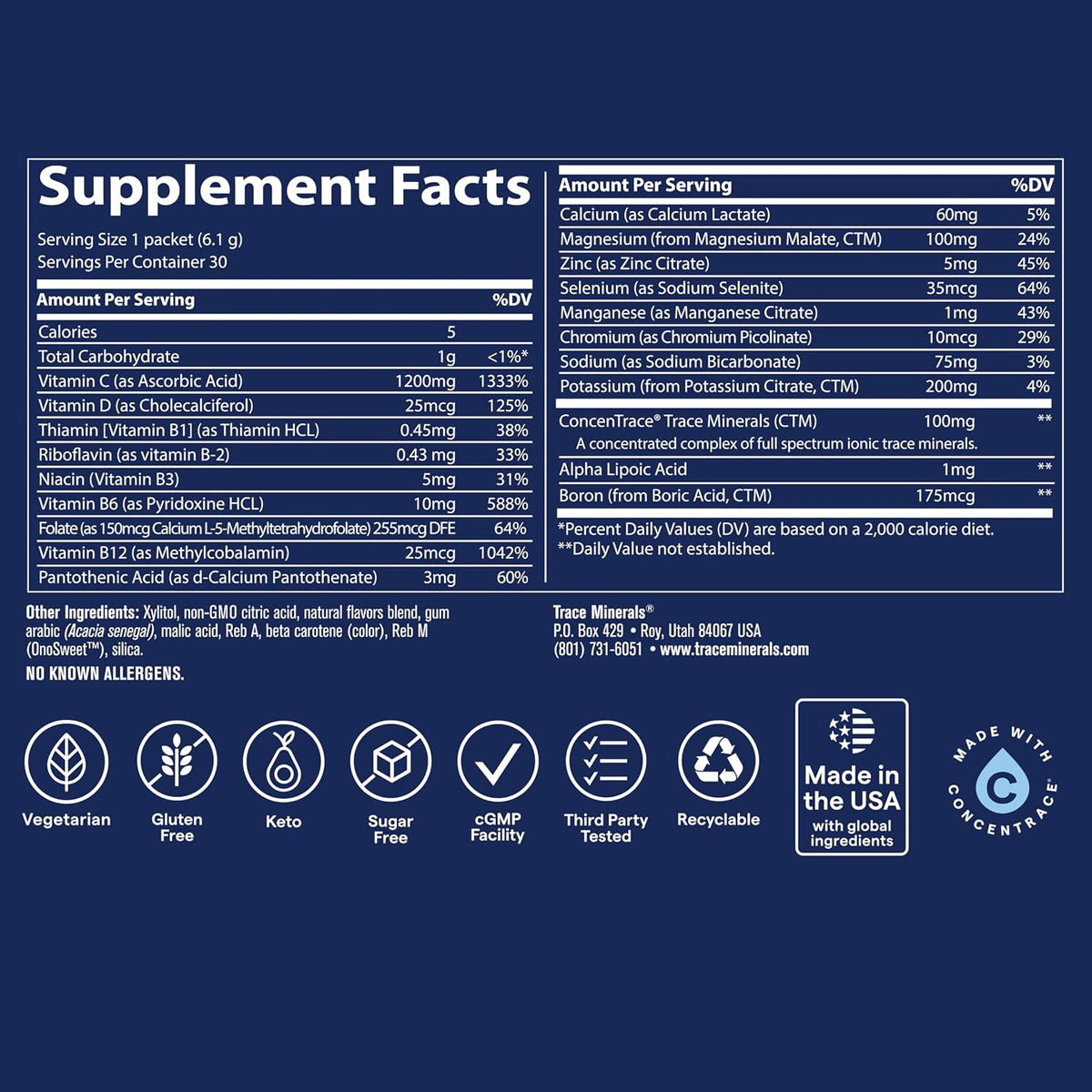 Trace Minerals Power Pak Multivitamin and Multimineral Packets - Electrolyte Support - 1200 mg Vitamin C plus 70+ Trace Minerals - Sugar Free - Orange Mango - 30 Packets - görsel 3