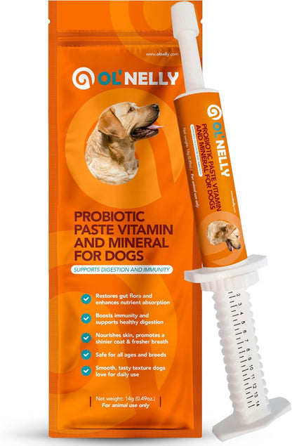 OL’ NELLY Dog Probiotic Paste for Dogs and Cats, 7.2 Billion CFU, Supports Digestive Health with 6-Strain Probiotics + Prebiotic, 14g