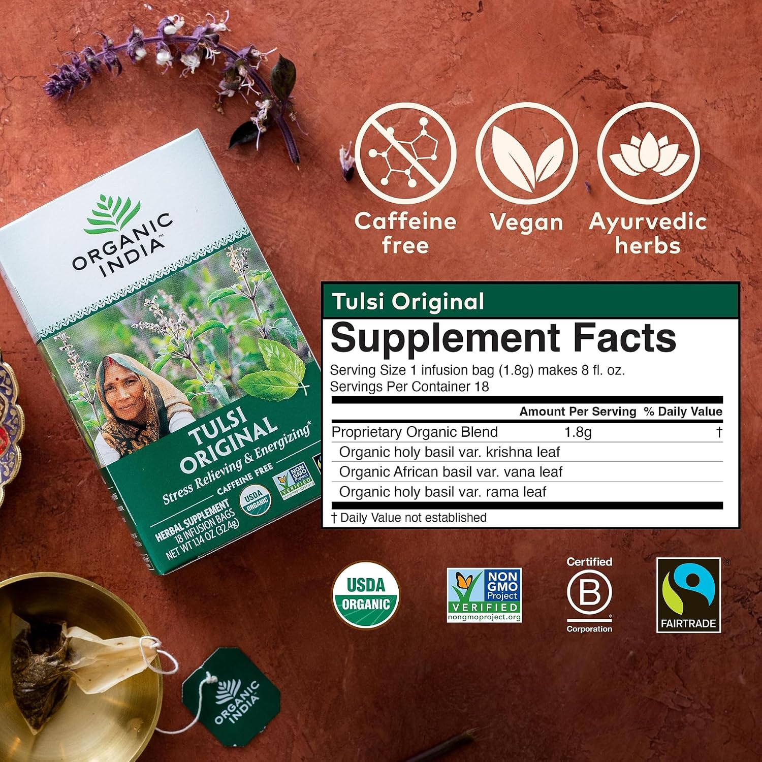 ORGANIC INDIA Tulsi Original Herbal Tea - Holy Basil & African Basil, For Relaxation, Traditional Immune Support, Organic, Non-GMO, Caffeine-Free - 18 Infusion Bags, 3 Pack - görsel 2