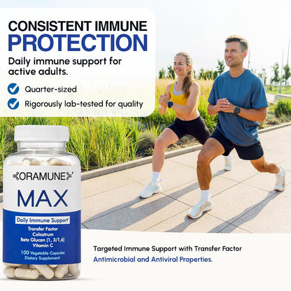 Oramune Max Support Supplement | Transfer Factor, Bovine Colostrum, Beta-Glucan and Vitamin C - 100 Capsules