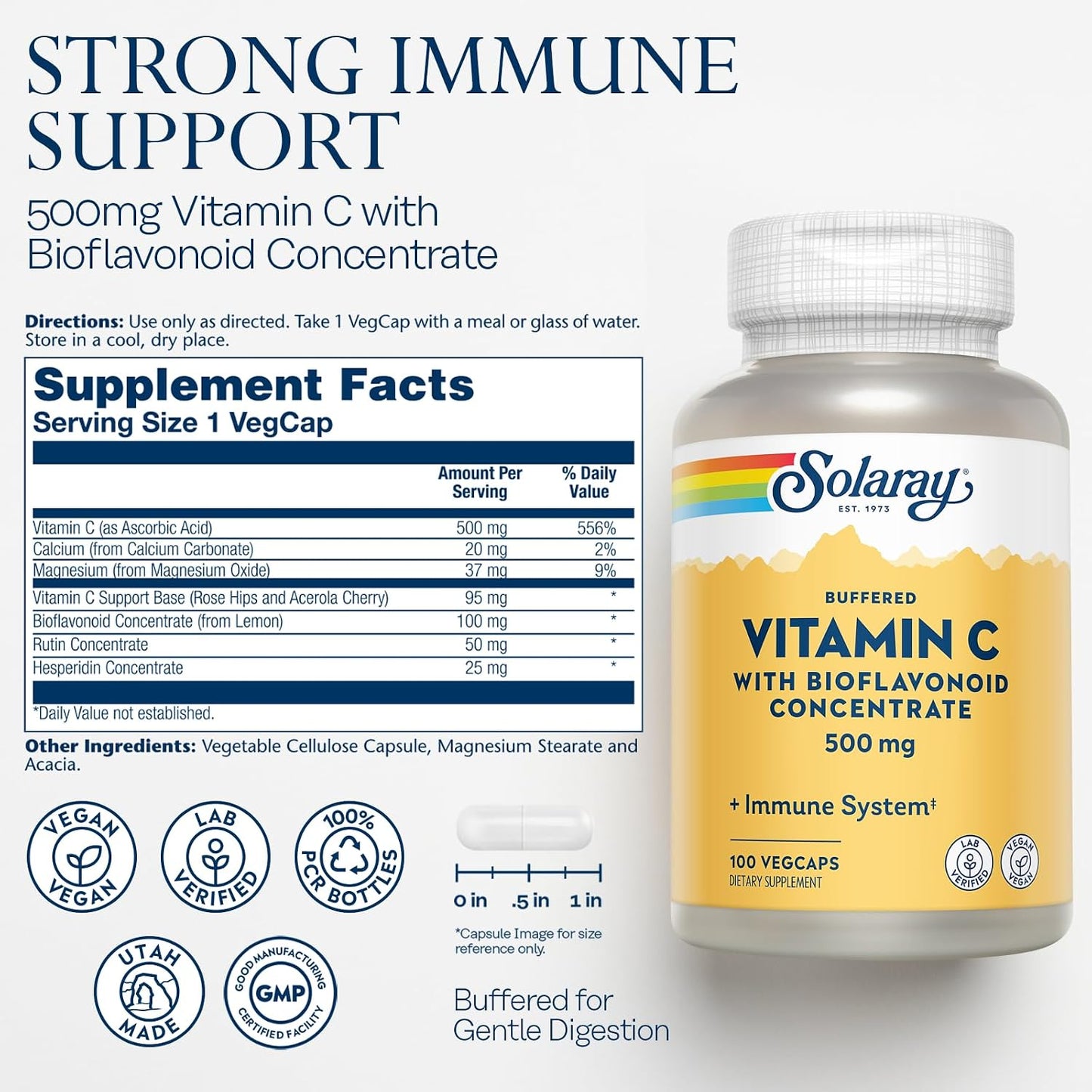 SOLARAY Buffered Vitamin C 500mg with Bioflavonoids, Rose Hips and Acerola Cherry - Immune Support Supplement - Gentle on the Stomach, Vegan, Lab Verified - 100 Veg Capsules - görsel 2