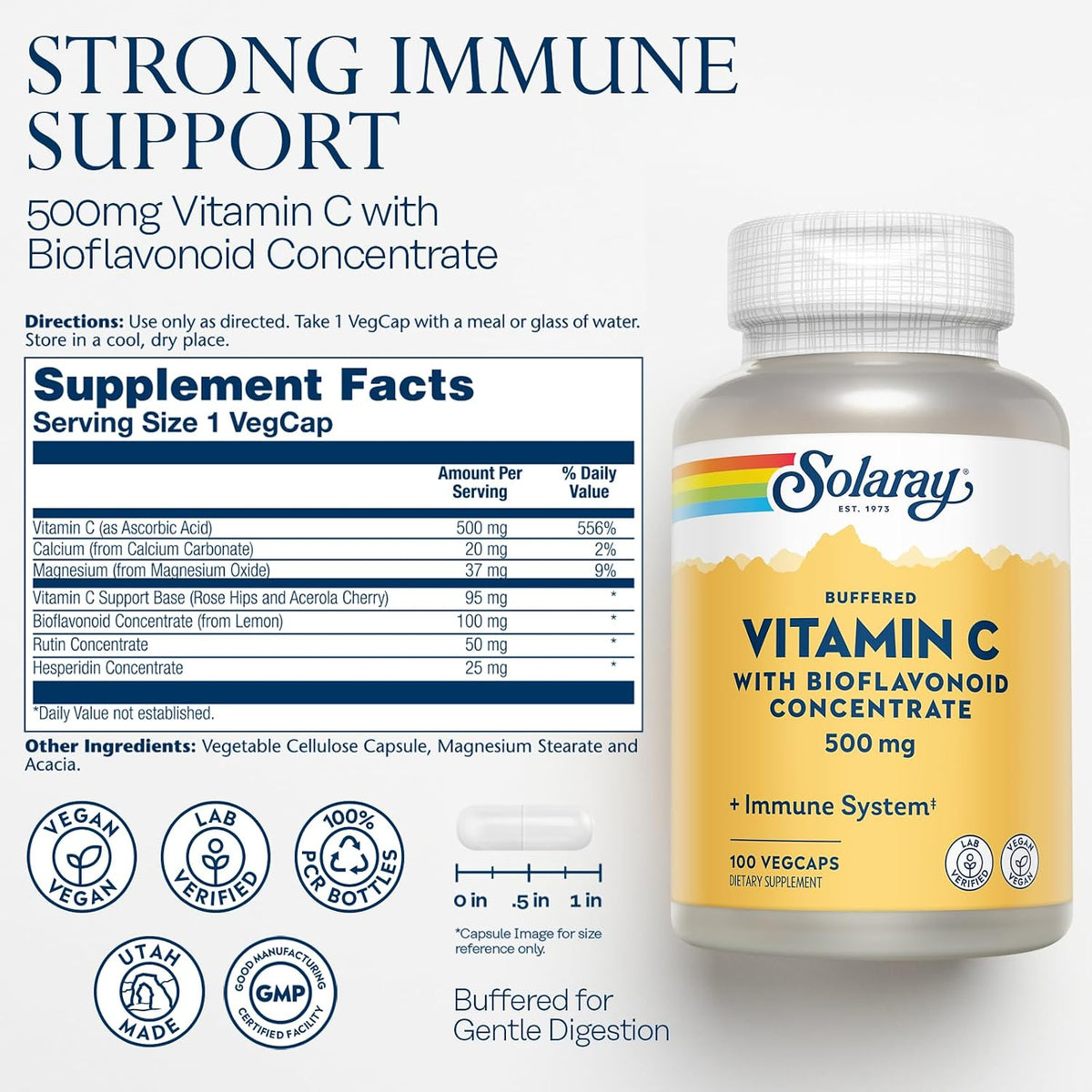 SOLARAY Buffered Vitamin C 500mg with Bioflavonoids, Rose Hips and Acerola Cherry - Immune Support Supplement - Gentle on the Stomach, Vegan, Lab Verified - 100 Veg Capsules - görsel 2