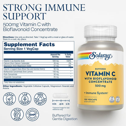 SOLARAY Buffered Vitamin C 500mg with Bioflavonoids, Rose Hips and Acerola Cherry - Immune Support Supplement - Gentle on the Stomach, Vegan, Lab Verified - 100 Veg Capsules