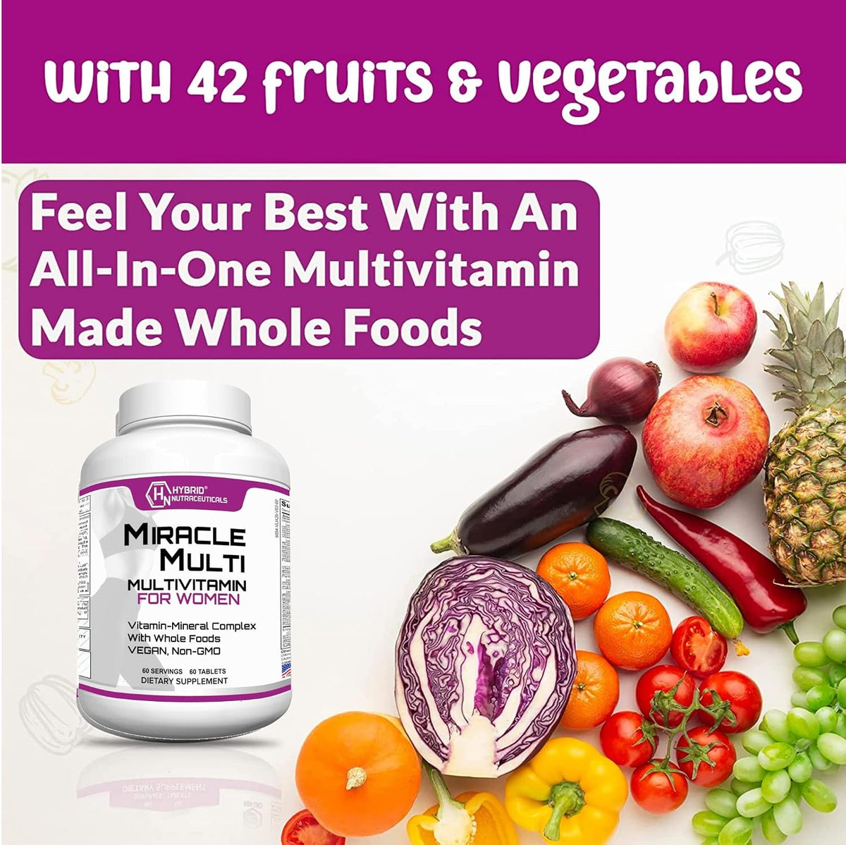 MiracleMulti Women's Multivitamin with Probiotics, Biotin, Folic Acid, Enzymes & Fruit/Vegetable Blend, 60 Capsules (Non-GMO) - görsel 4