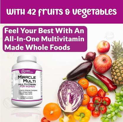 MiracleMulti Women's Multivitamin with Probiotics, Biotin, Folic Acid, Enzymes & Fruit/Vegetable Blend, 60 Capsules (Non-GMO)