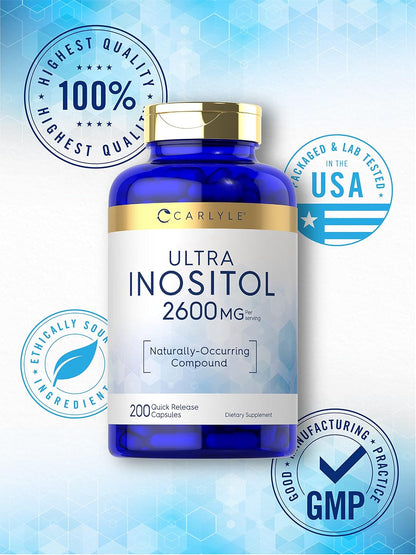 Carlyle Inositol Food Supplement - 2600mg per Serving, 200 Capsules - Myo-Inositol for Women & Men - Non-GMO, Gluten-free