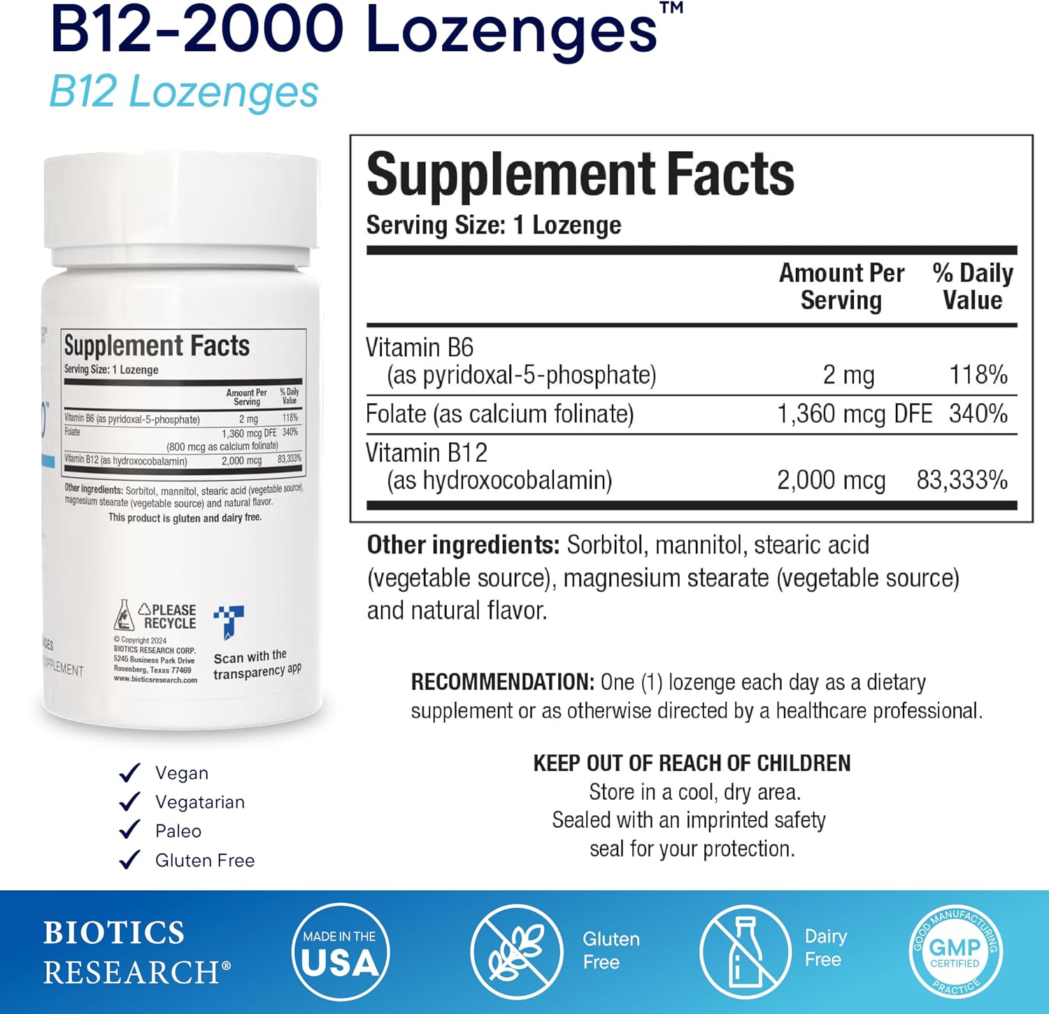 Biotics Research B12-2000 Vitamin B12 2000 mcg, B6, Folate Sublingual Lozenges - Berry Flavour, 60 Count - görsel 2