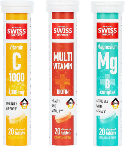 Effervescent Variety Pack with Vitamin C 1000mg, Magnesium + B Complex, Multivitamin + Biotin, 12-Pack, 240 Tablets