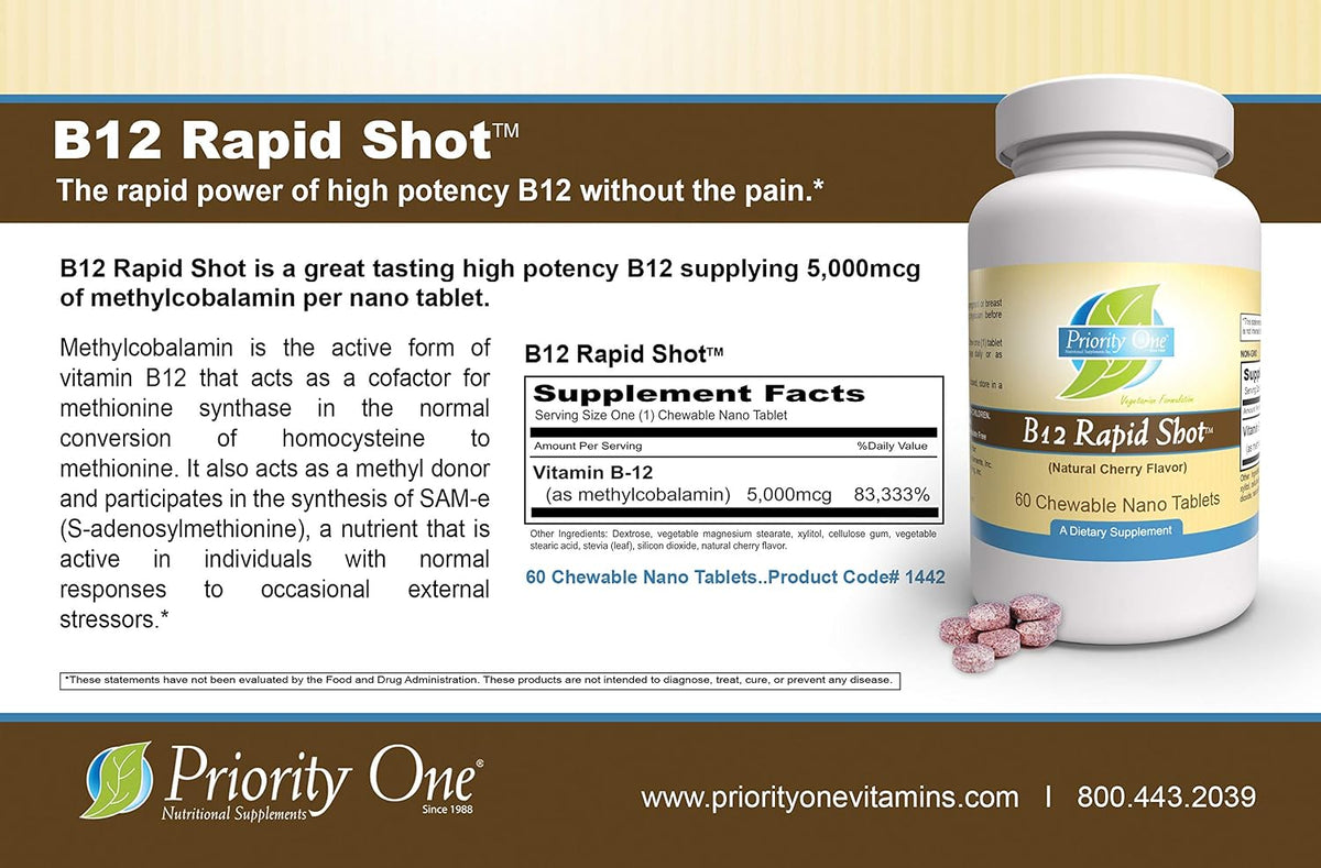 Priority One Vitamins B12 Rapid Shot 60 Chewable Nano Tablets - Methylcobalamin 5000mcg - görsel 5
