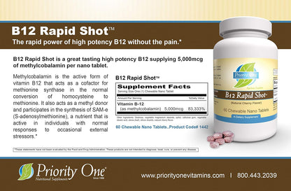 Priority One Vitamins B12 Rapid Shot 60 Chewable Nano Tablets - Methylcobalamin 5000mcg