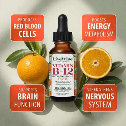 Organic Vitamin B12 1000 mcg Sublingual Liquid Drops - Orange, 30 ml (6-Month Supply)